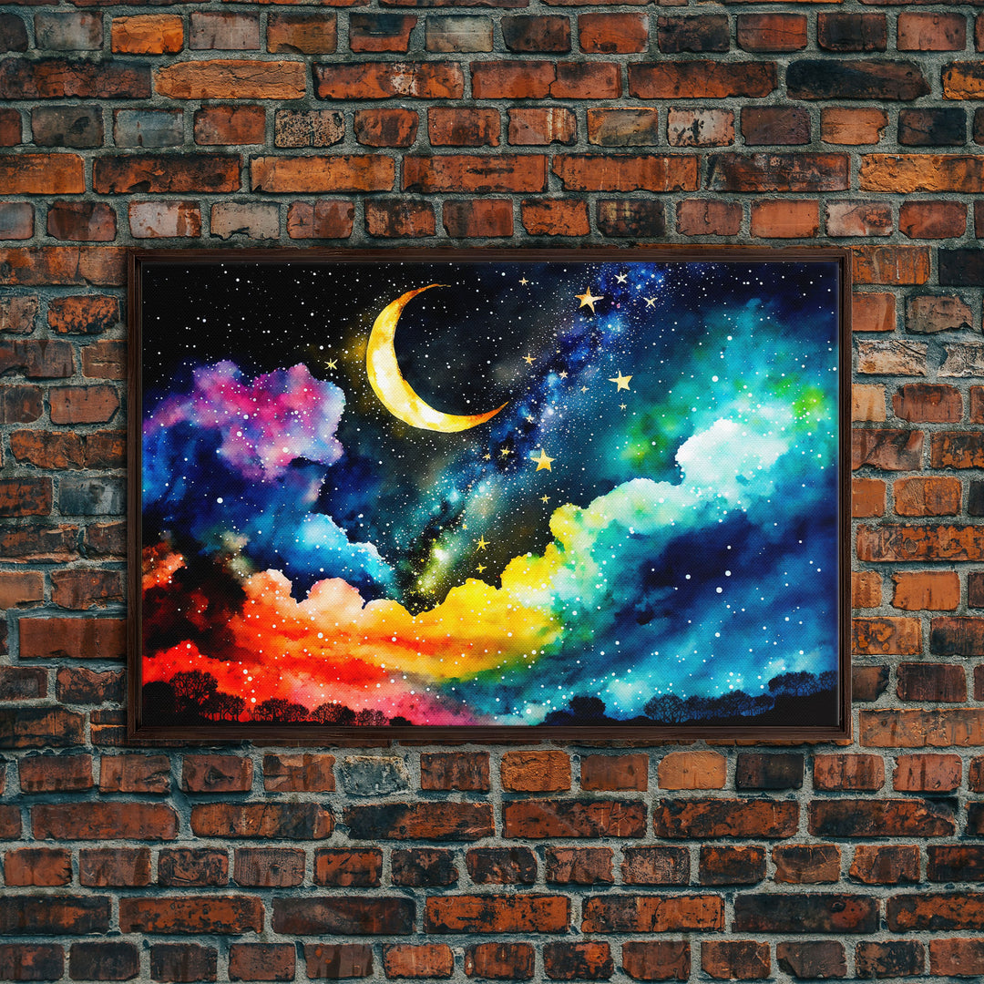 Rainbow Starry Night Sky, Milky Way Galaxy Abstract, Framed Canvas Print, Unique Scifi Space Art, Nursery Art For Kids