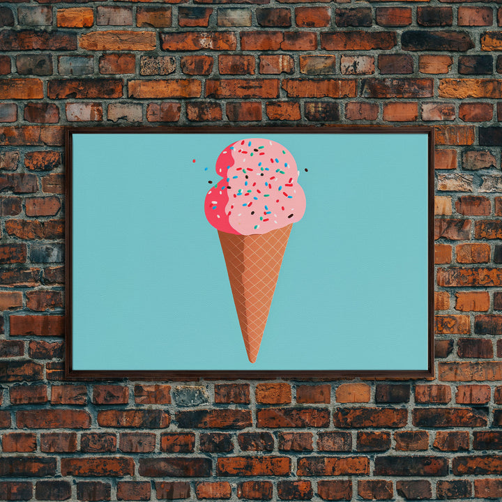 Pop Art Ice Cream Cone With Sprinkles, Retro Style Framed Canvas Print Art, Turquoise Art, Vintage Inspired Ice Cream Shop Wall Art