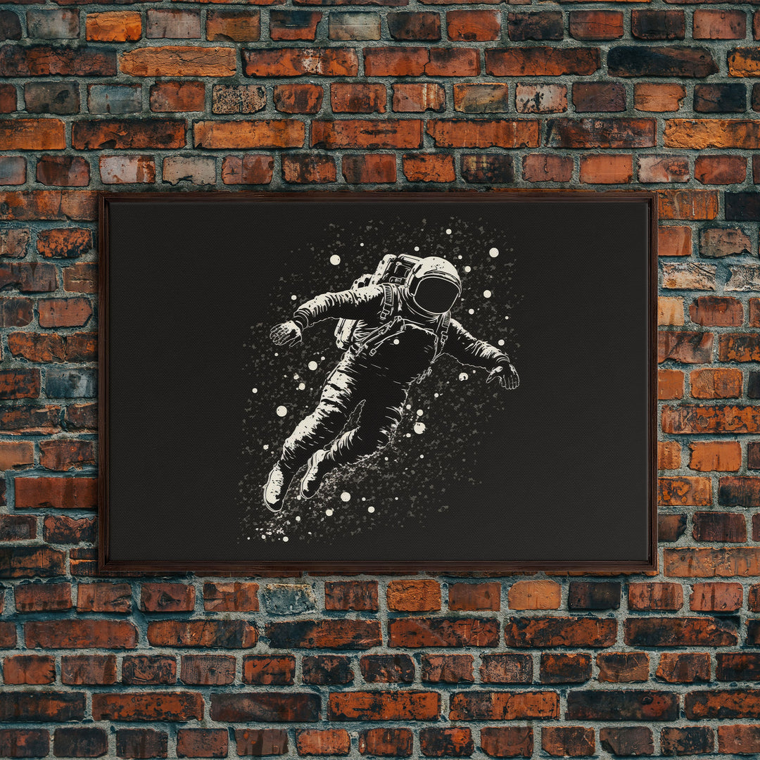 Adrift - Astronaut Lost In Space - Framed Canvas Print - Black and White Space Art