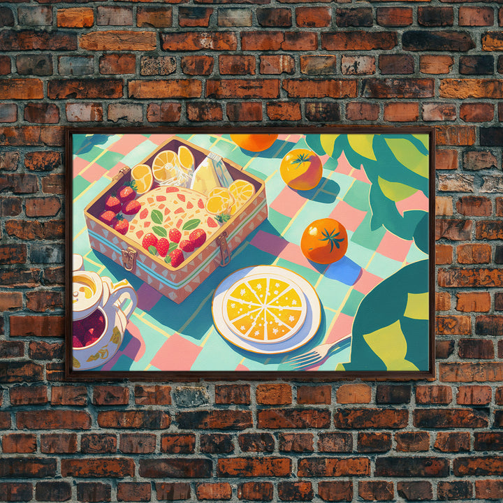 Picnic Art, Whimsical Summer Deserts, Framed Canvas Print, Fruit Tart Painting, Picnic Basket Art