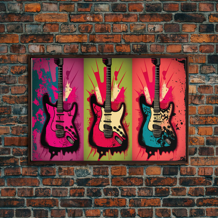 Electric Guitar Pop Art, Instrument Drawings, Framed Canvas Print, Pop Art, Graffiti Splatter Art, Large Living Room Wall Decorr