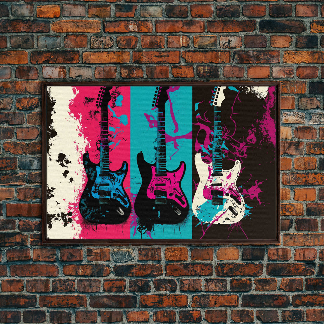 Electric Guitar Graffiti Punk Pop Art, Instrument Drawings, Framed Canvas Print, Pop Art, Splatter Art, Large Living Room Wall Decorr