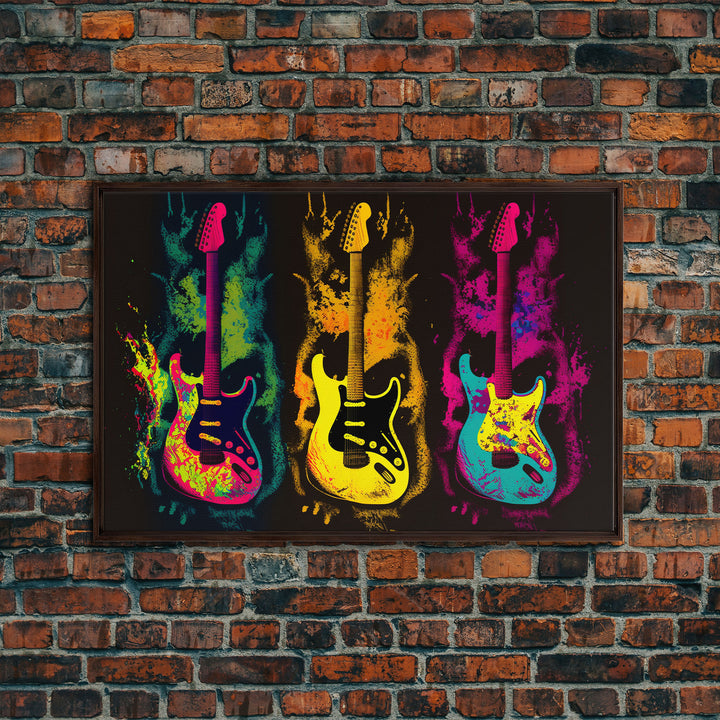 Psychedelic Electric Guitar Graffiti Pop Art, Instrument Drawings, Framed Canvas Print, Pop Art, Splatter Art, Large Living Room Wall Decorr