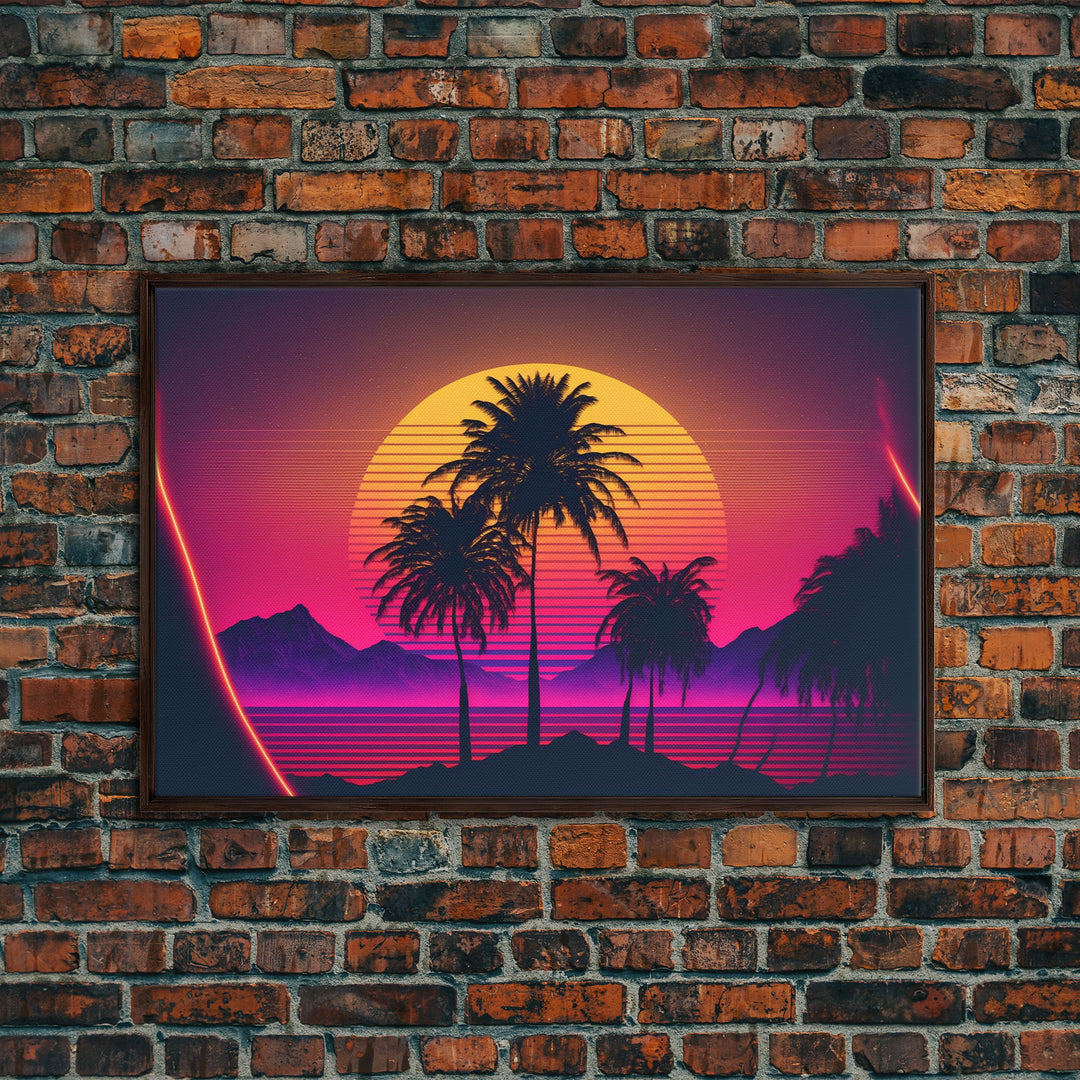 Synthwave Sunset Behind Beautiful Palm Trees, 1980s Style Retro Home Decor, Framed Canvas Print