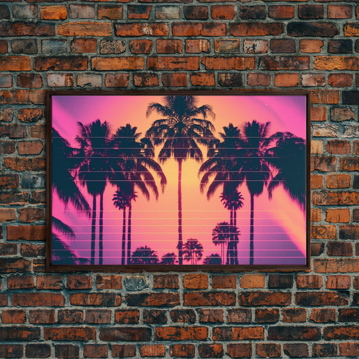 Synthwave Sunset Art, Framed Canvas Print, Palm Tree 80s Vibe Wall Art