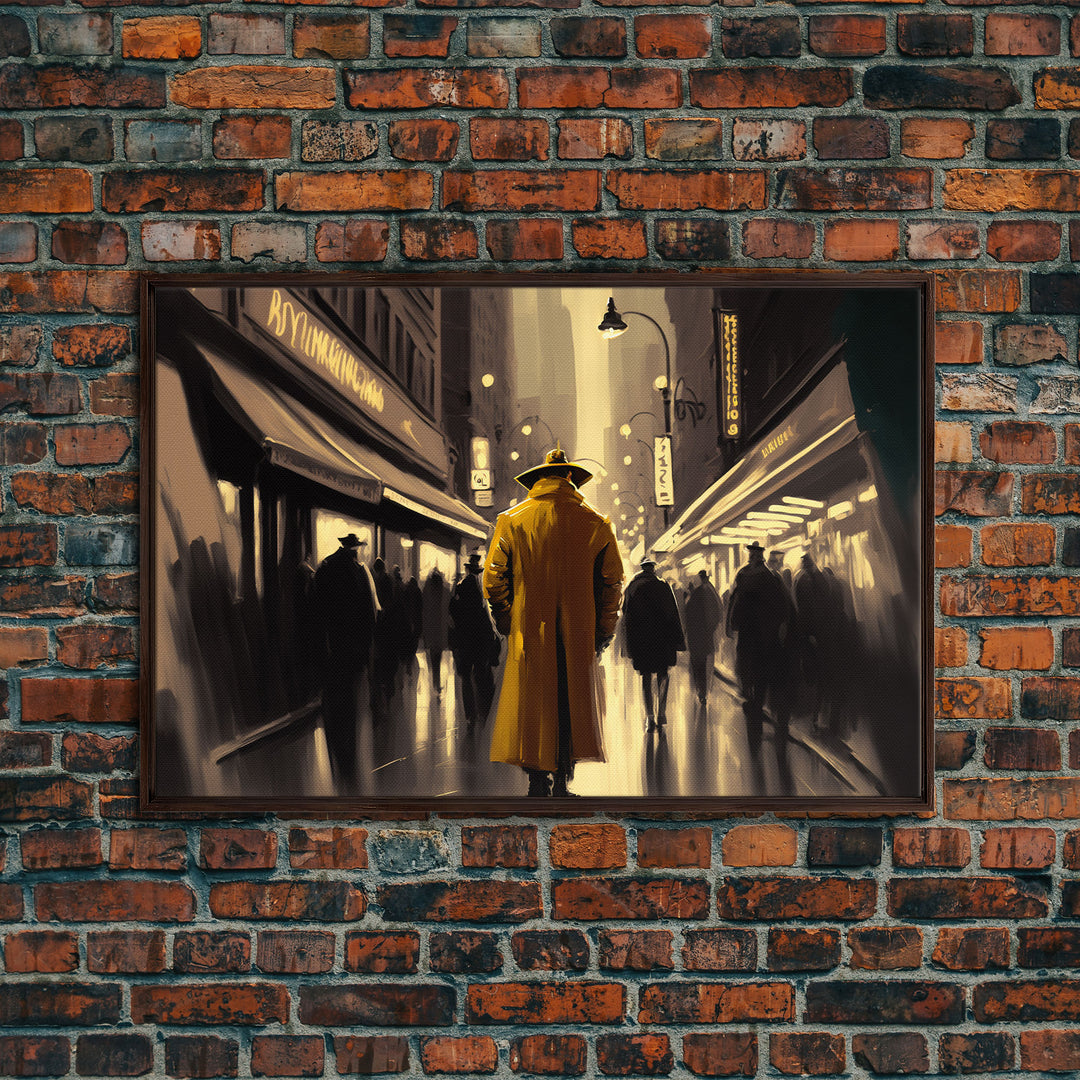 The Man in The Trench Coat, Framed Canvas Print, Time Lapse Watercolor Painting, Subdued Office Wall Art, Noir Art