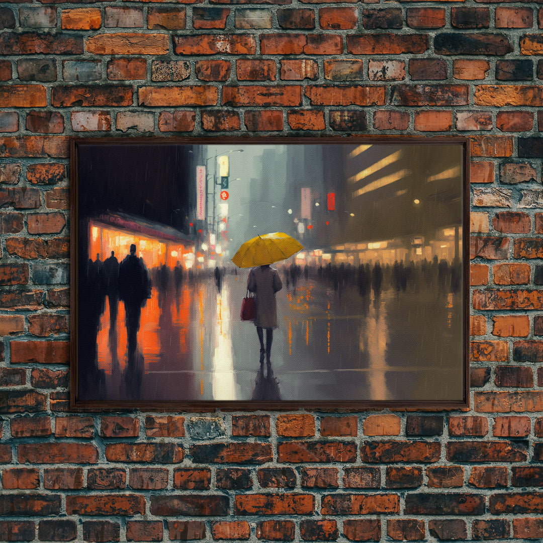 Rainy City At Night, Framed Canvas Print, Dystopian Rain Art, Huge Wall Art, Large Oversized Wall Decor