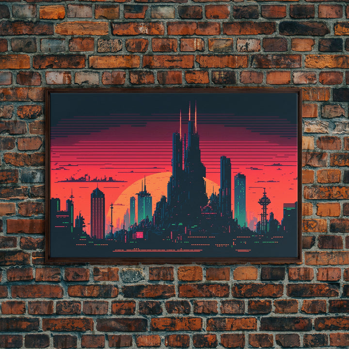 Outrun Style Pixel Art Futuristic Cyberpunk City Skyline at Sunset, Concept art, framed canvas print, dystopian art