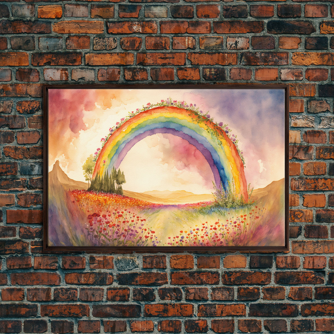 Watercolor of a Rainbow With Flowers, Framed Canvas Print, Framed Wall Art, Huge Framed Living Room Wall Decor, Rainbow and Flowers, Floral