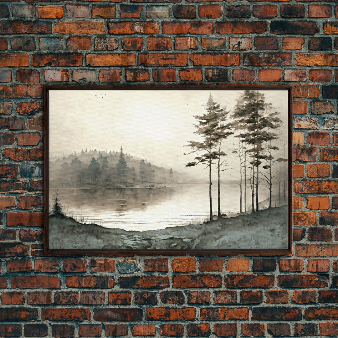 Pine Tree Wall Art, Framed Canvas Print, Oil Painting Landscape Wall Art, Vintage Nature Framed Large Gallery Art, Antique Art Ready to Hang