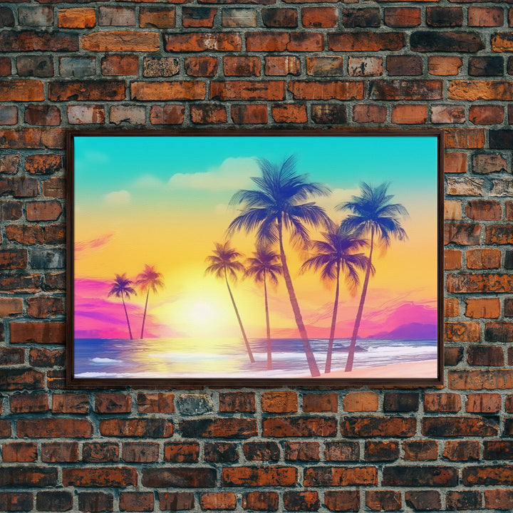 Colorful sunset Wall art, Framed Canvas Print, Synthwave Style, Guest room art, Pop Art Style, Watercolors, Beautiful art, Tropical Art