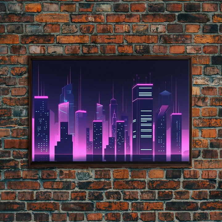 Big City Wall Art | Framed Canvas Print | Living room art | Office decor | Buildings | Outrun Style | Landscape | Night | Pop Art | City