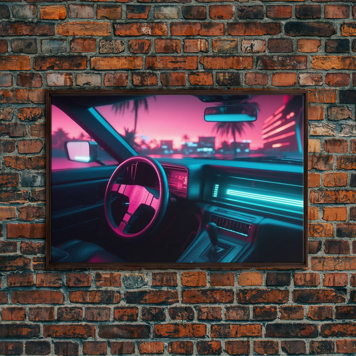 Car interior Wall Art | Framed Canvas Print | Living room art | Neon Lights | Outrun Style | Guest room art | Retro art | Beautiful Art