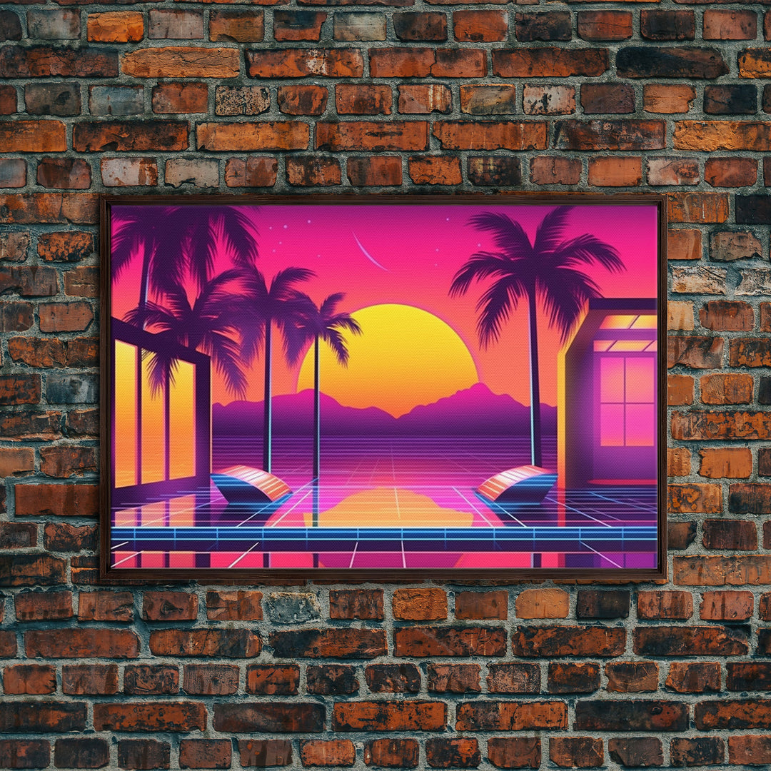 Sunset Penthouse Wall Art, Framed Canvas Print, Pop Art Style, Synthwave Style, Living room art, Colorful painting, Pink colors, Hot sunset