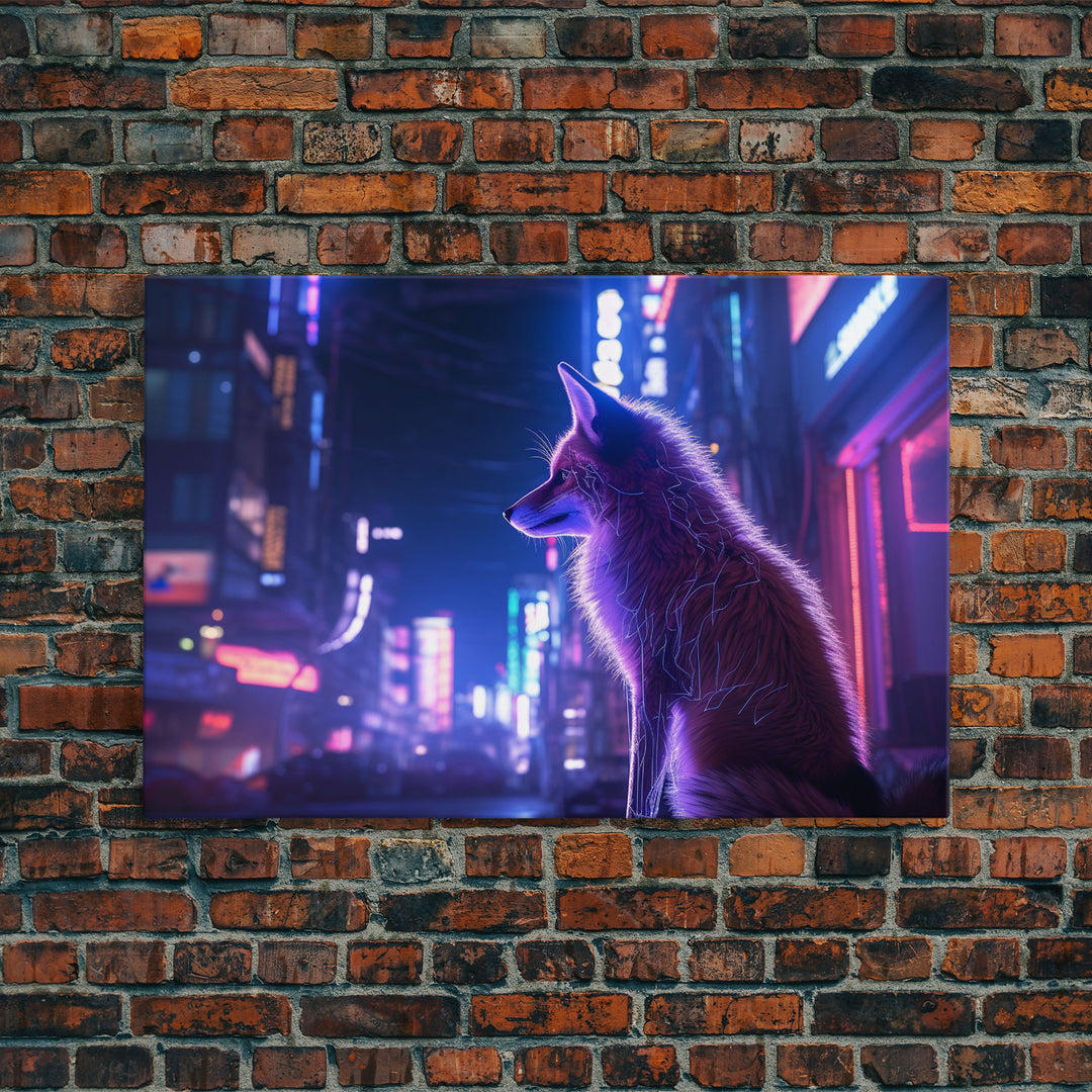 Alley Fox, Cyberpunk city, framed canvas print, urban decay art