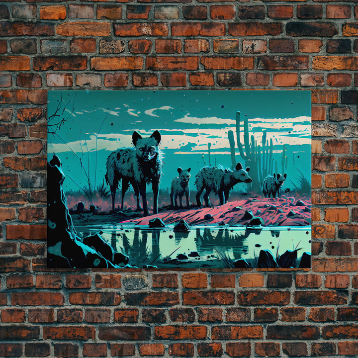 Hyenas at midnight, turquoise vaporwave art, framed canvas print