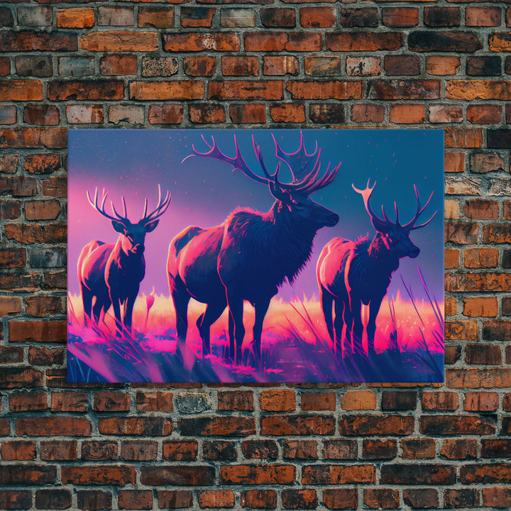 Vaporwave landscape, Elk in the plains at sunset, framed canvas art, canvas print, framed wall art