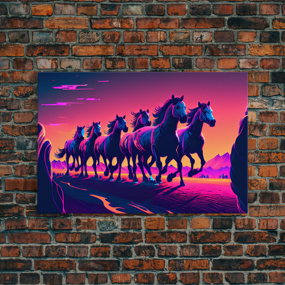 Herd of Wild Horses, American Western decor, framed canvas print, synthwave animal art