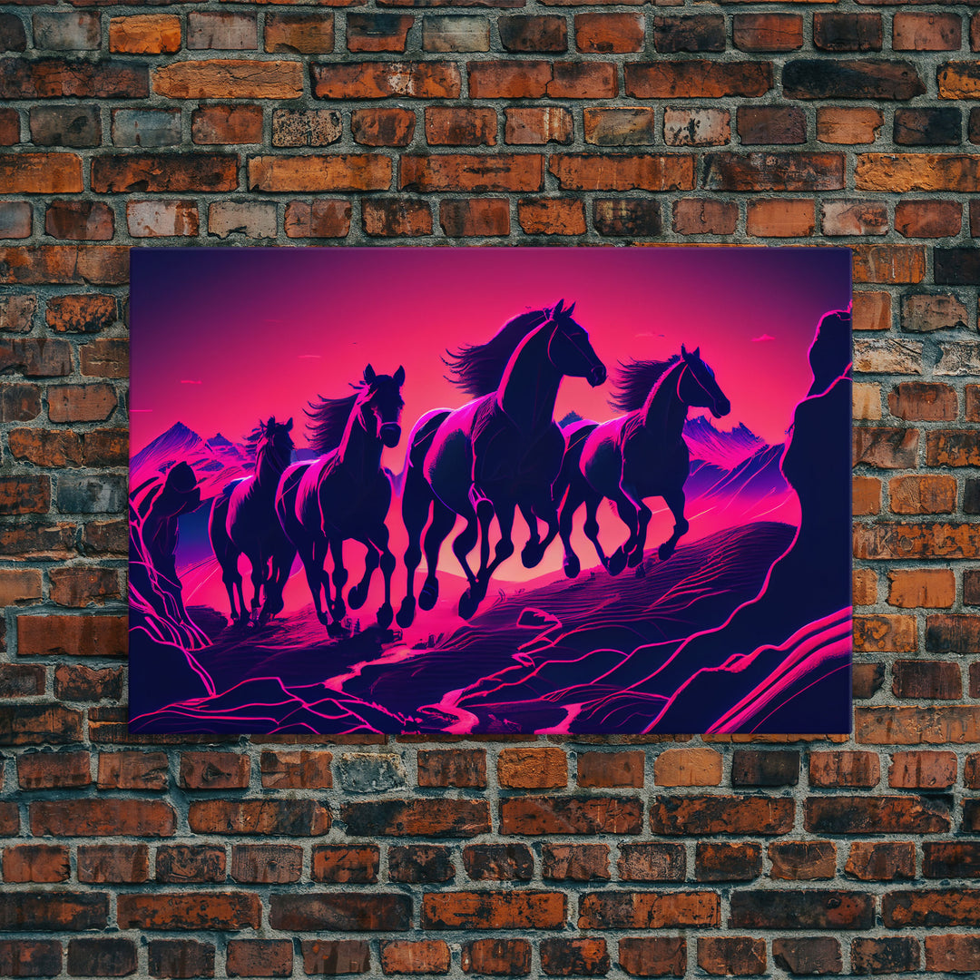 Pack of Wild Horses, American Western decor, framed canvas print, synthwave animal art