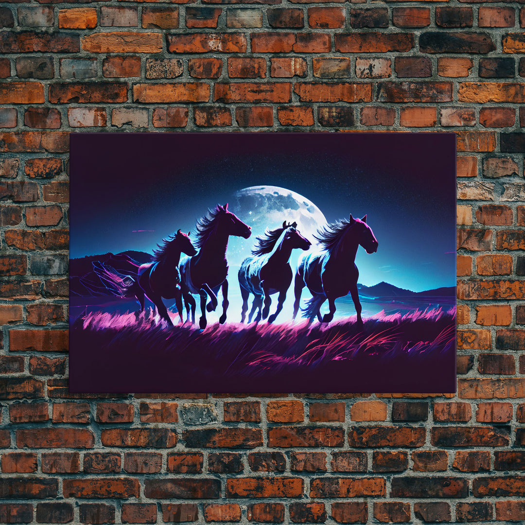 Wild horses running in the moonlight, vaporwave art, framed canvas print