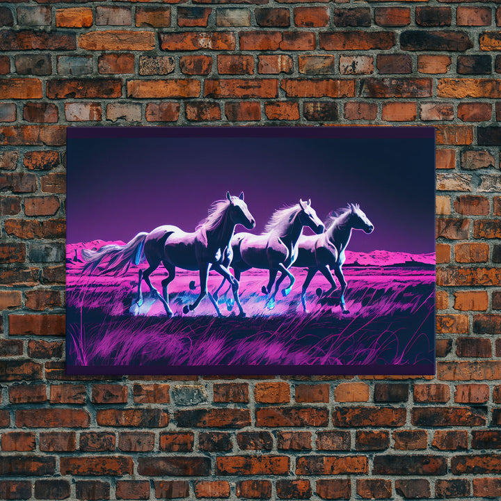 Pastel Wild horses running in the moonlight, vaporwave aesthetic art, framed canvas print