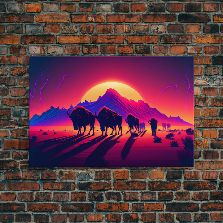 Synthwave American Buffalo, Retrowave art, herd of Bison and a setting sun, framed canvas print