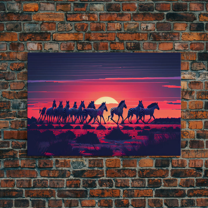 Herd of wild zebra against a beautiful African sunset, framed canvas print