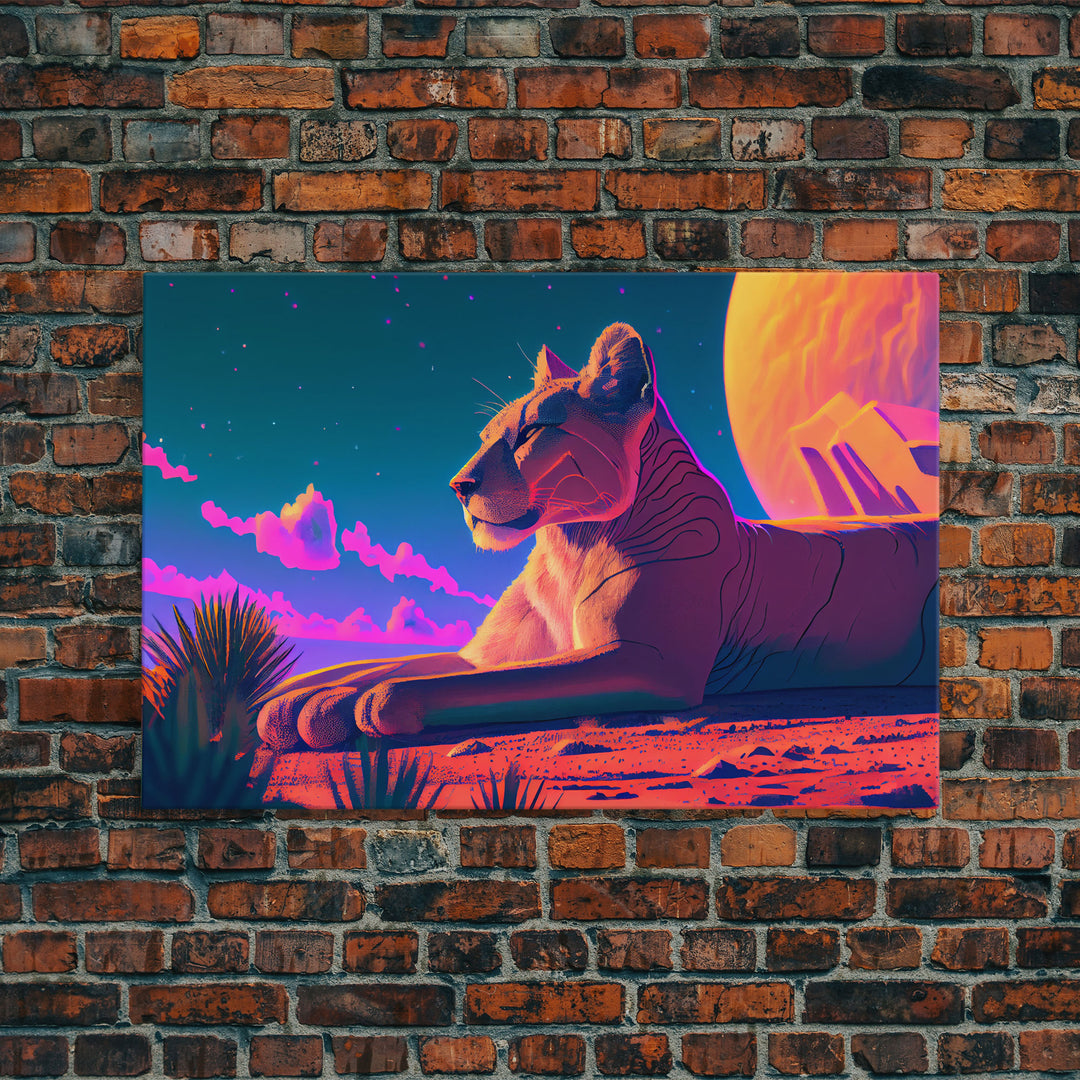 Lioness synthwave art, framed canvas print, beautiful pastel lion art