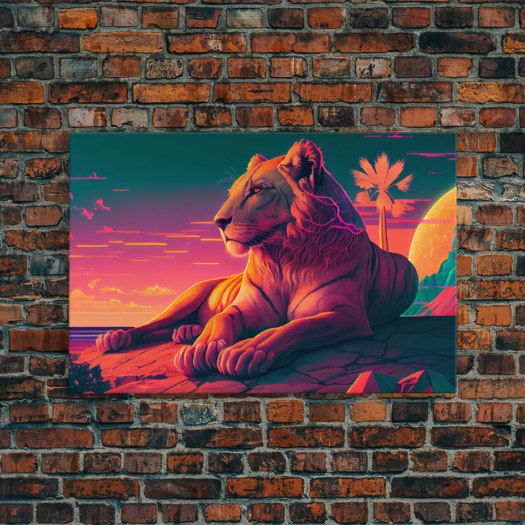 Lion contemplating life on a cliff, vibrant and colorful synthwave retro style art, framed canvas print