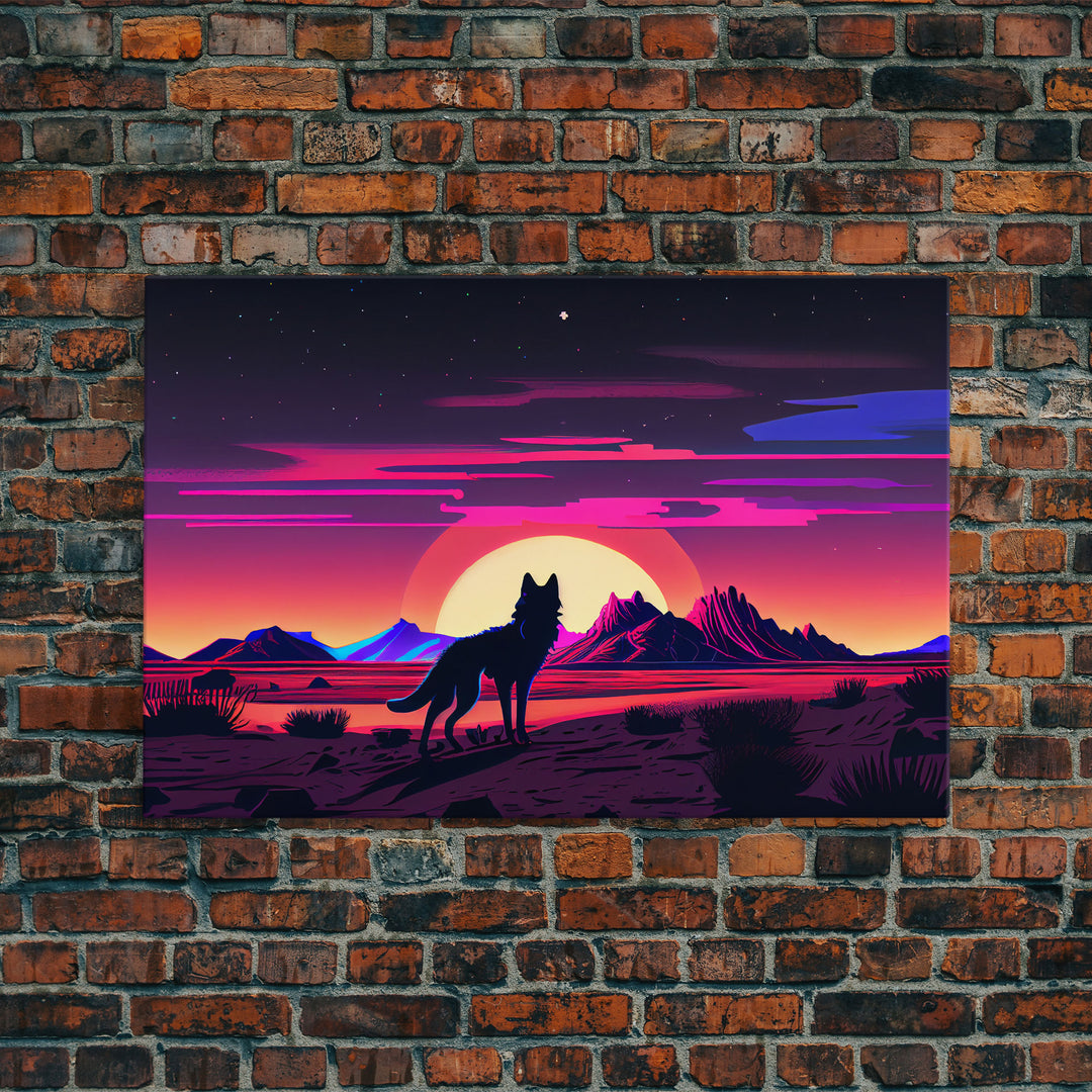 Cute fox in a Utah desert landscape, framed canvas print, framed wall art, synthwave art