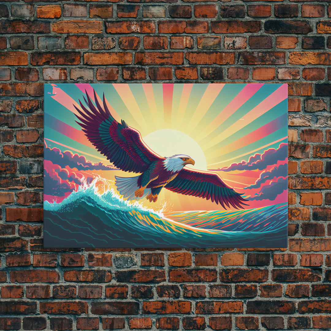 Retrowave bald eagle, pastel sunset, framed canvas print