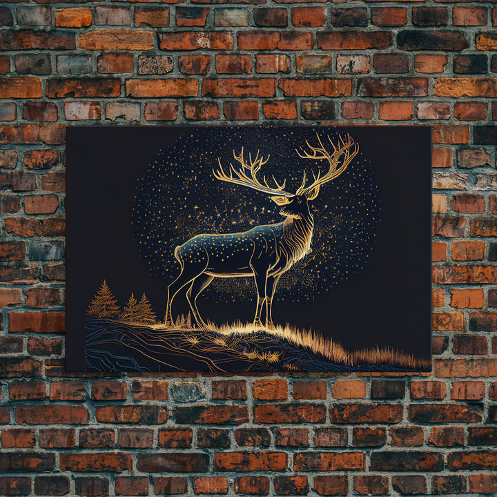 Deer made of stars, reflection stag, framed canvas print, unique wall art, starry night stag