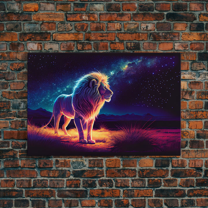 The Lion and the Universe, unique vibrant synthwave wall art, framed canvas print