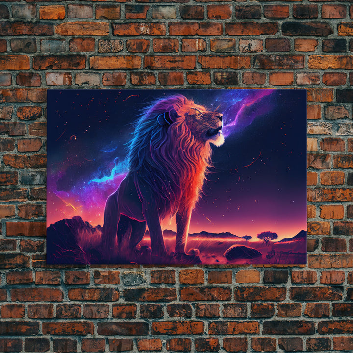 The Lion and the Galaxy, unique vibrant synthwave wall art, framed canvas print, animal lion print