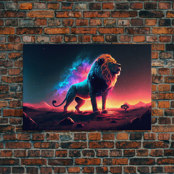 Cosmic roar watercolor, Lion staring at the stars over Africa, framed canvas print, unique vibrant wall art