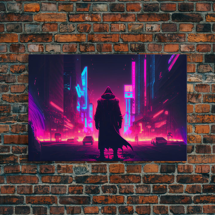 Cyberpunk City, Neon synthwave dystopian art, framed canvas print