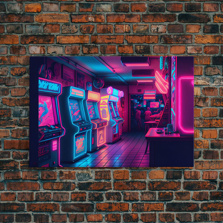 Neon Arcade, unique game room art, Retrowave arcade machine art, framed canvas print, framed wall art | Wall Art