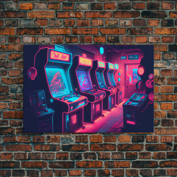 Synthwave Game Room Art, Neon retro 90s arcade room wall art, framed canvas print