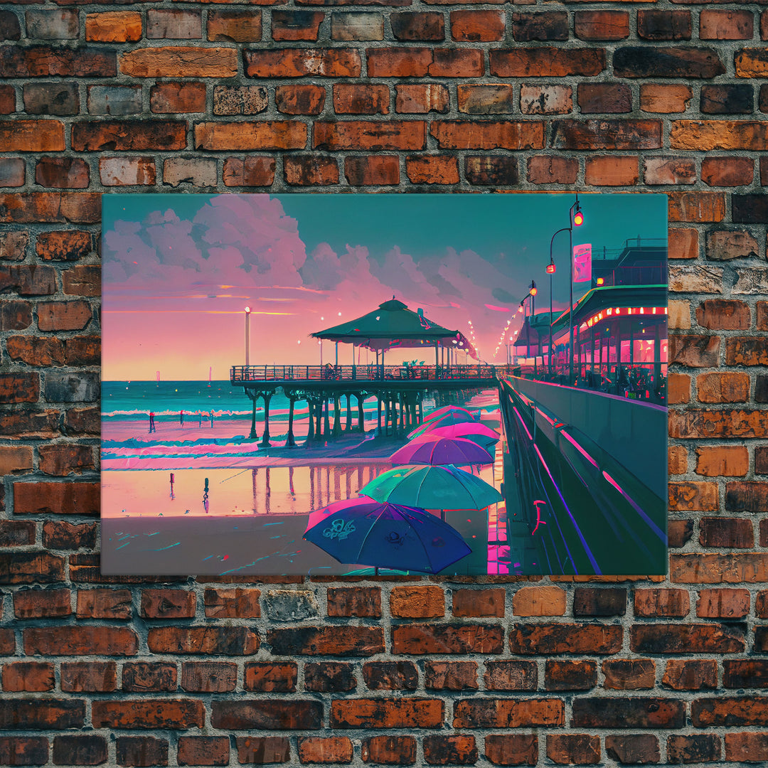 Neon Beach, cool beach house wall decor, synthwave pier and boardwalk, framed canvas print, framed wall art