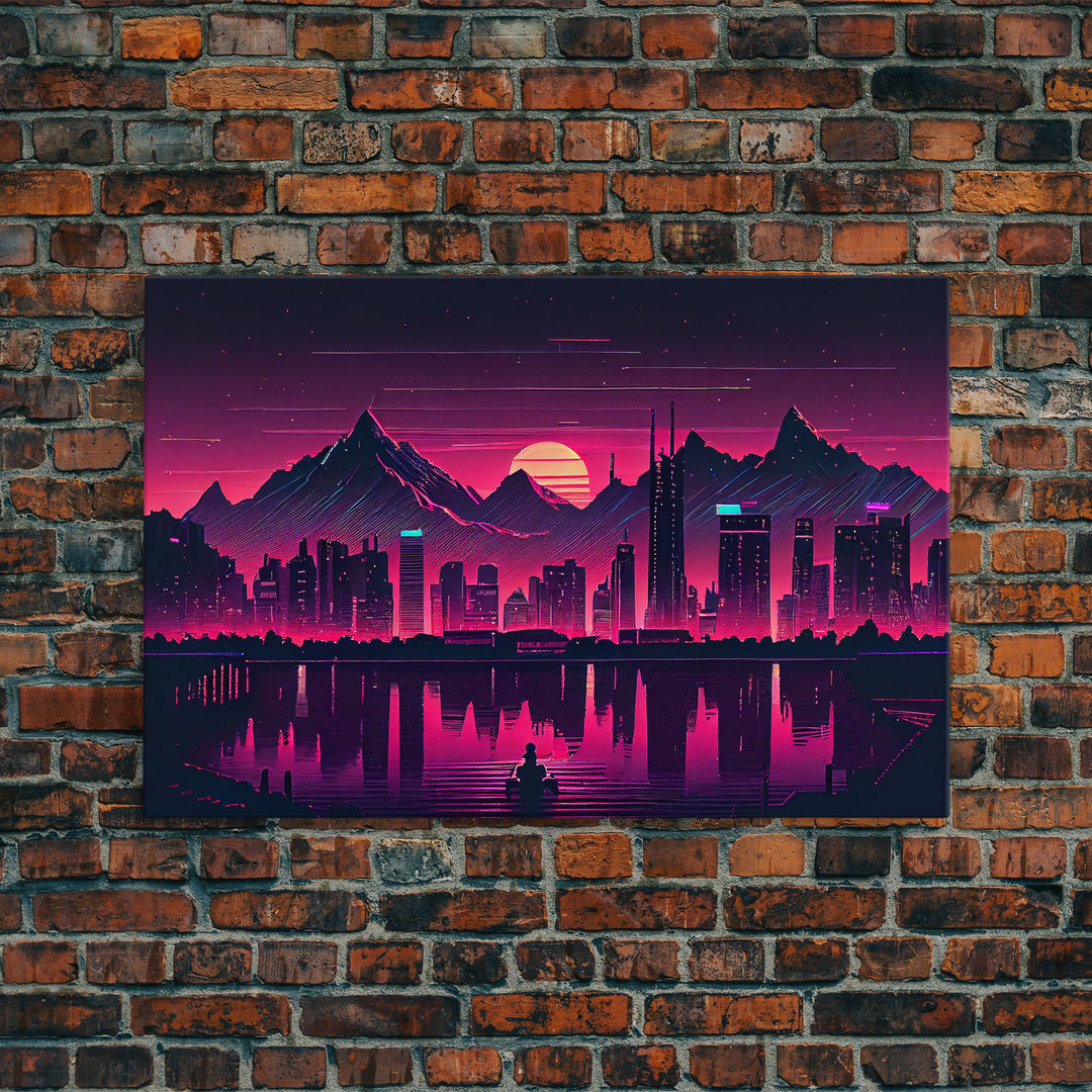 Cyberpunk Vancouver, Futuristic city skyline art, framed canvas print