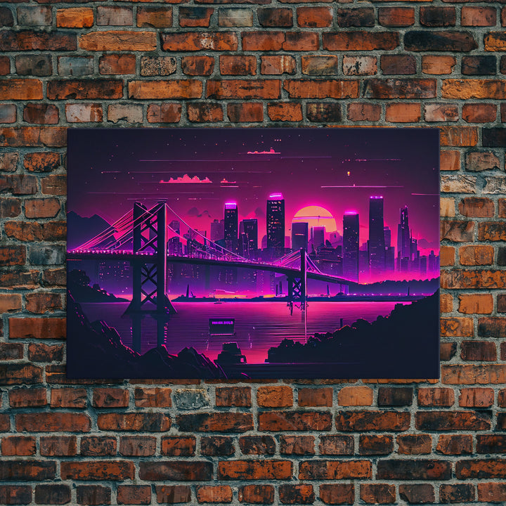 Cyberpunk San Francisco, Futuristic city skyline art, framed canvas print,  Synthwave / vaporwave cityscape decor