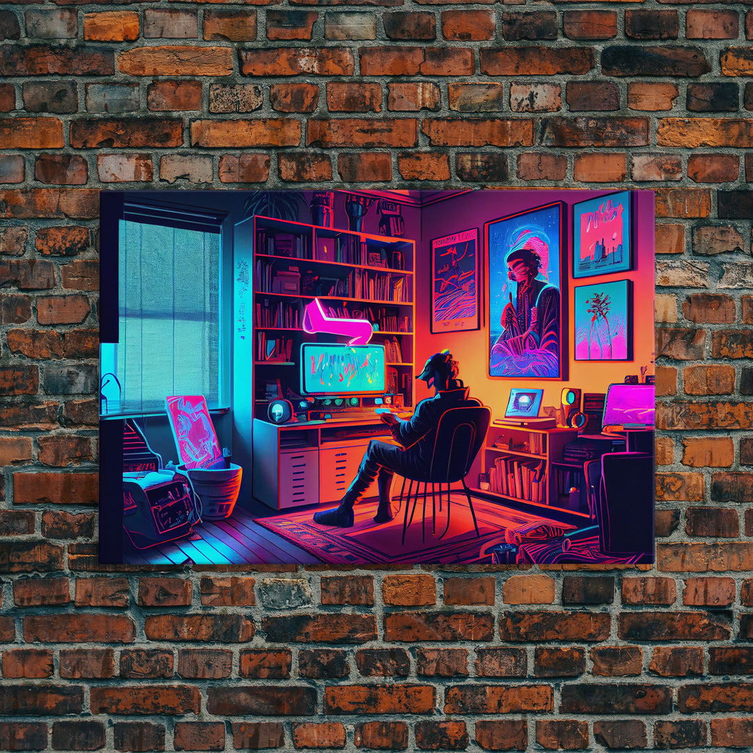 Jacked In - VR headset art, synthwave framed canvas print, cool office art