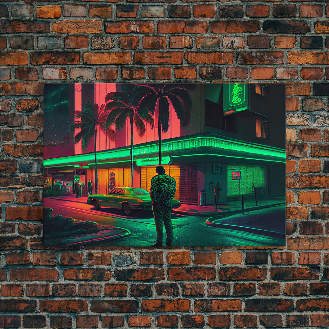 Miami Vice Retro Neon Lights Street Classic Car Wall Art Print, Wall Poster, Fine Art Print, Wall Decor