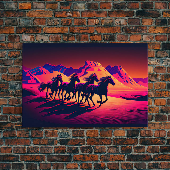 Wild Arabian Horses - Vibrant synthwave nature art, framed canvas print