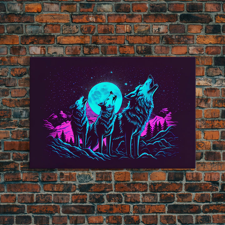 Howl at the moon - turquoise wolf pack howling at the moon, framed canvas print, vaporwave art