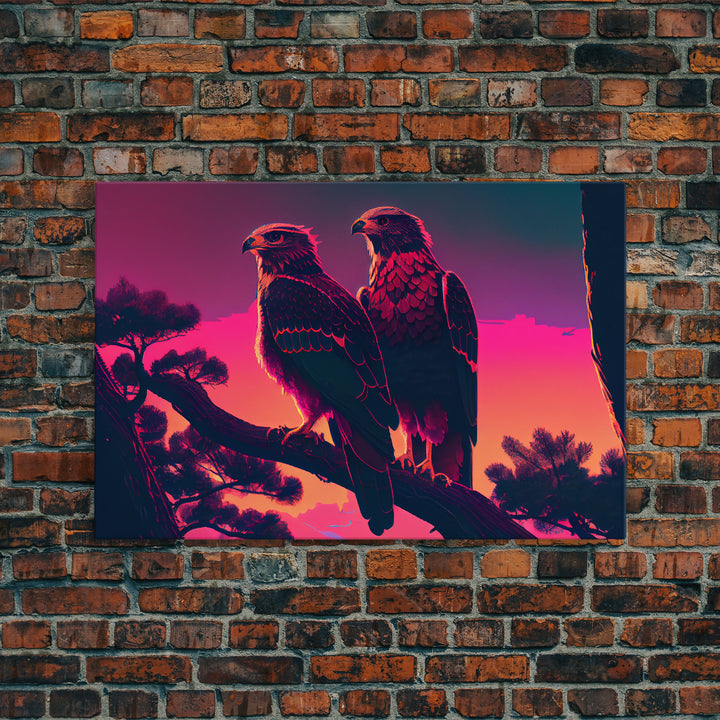 Hawks on a branch, birds of prey, framed canvas print