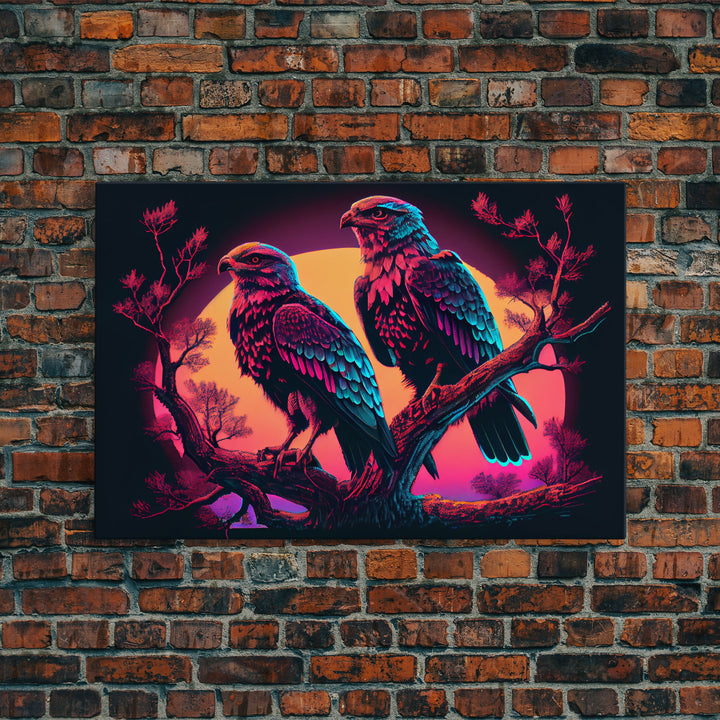 Birds of Prey at sunset, Hawks on a branch, framed canvas print