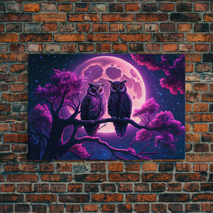 Owls at midnight, full moon and starry night sky, framed canvas print