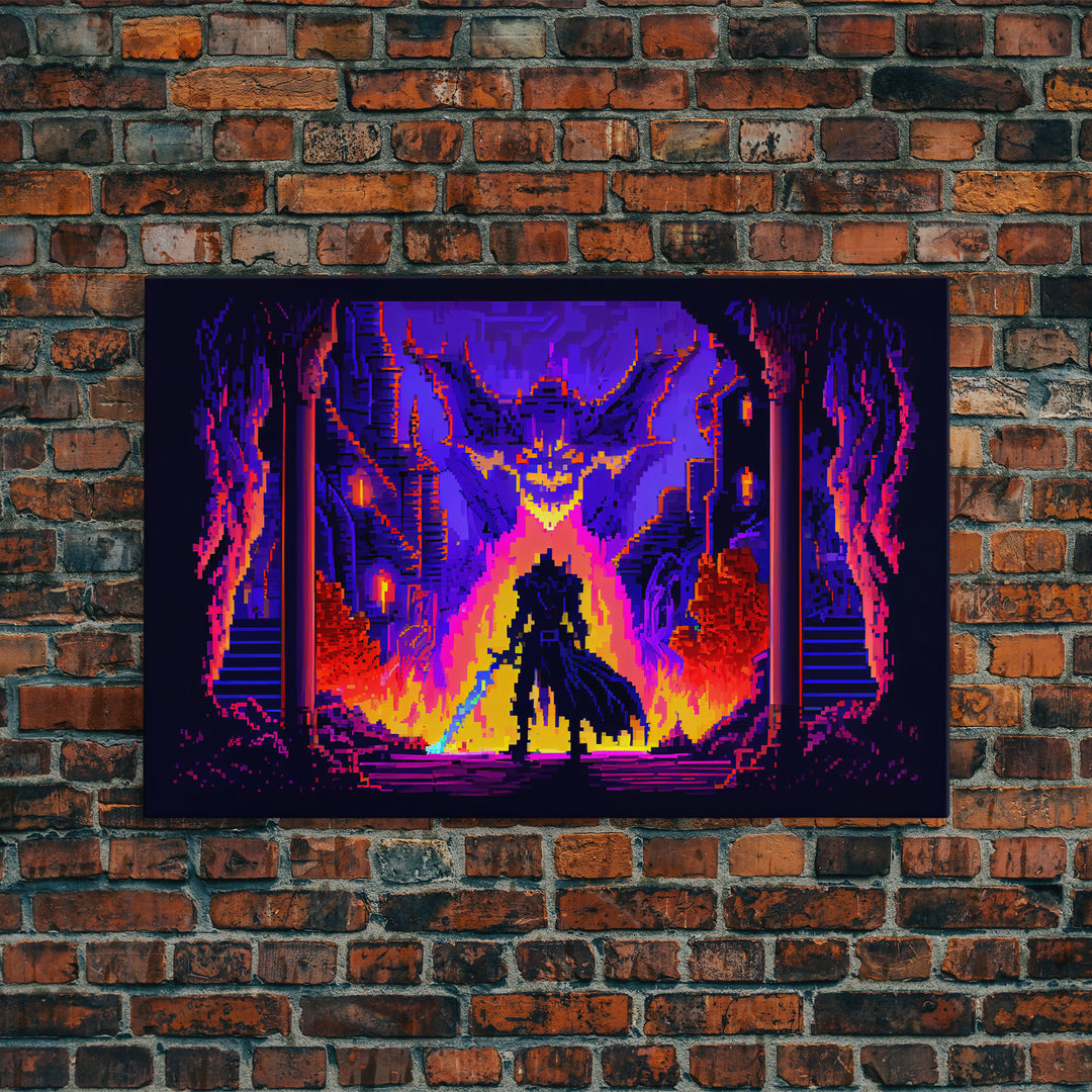 8 bit Pixel art, RPG video game concept art, Paladin faces the Dragon, synthwave style, framed canvas print