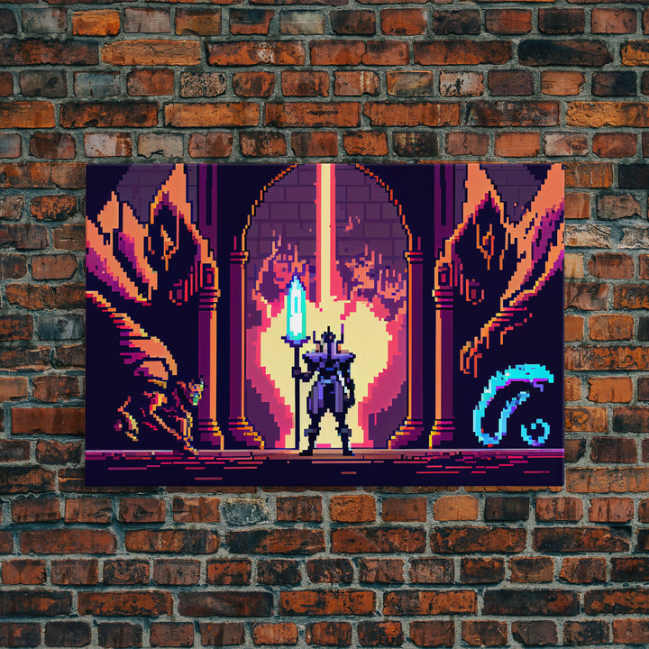 RPG pixel art, fantasy pixel art, Paladin Templar Art, synthwave style, framed canvas print, man cave art